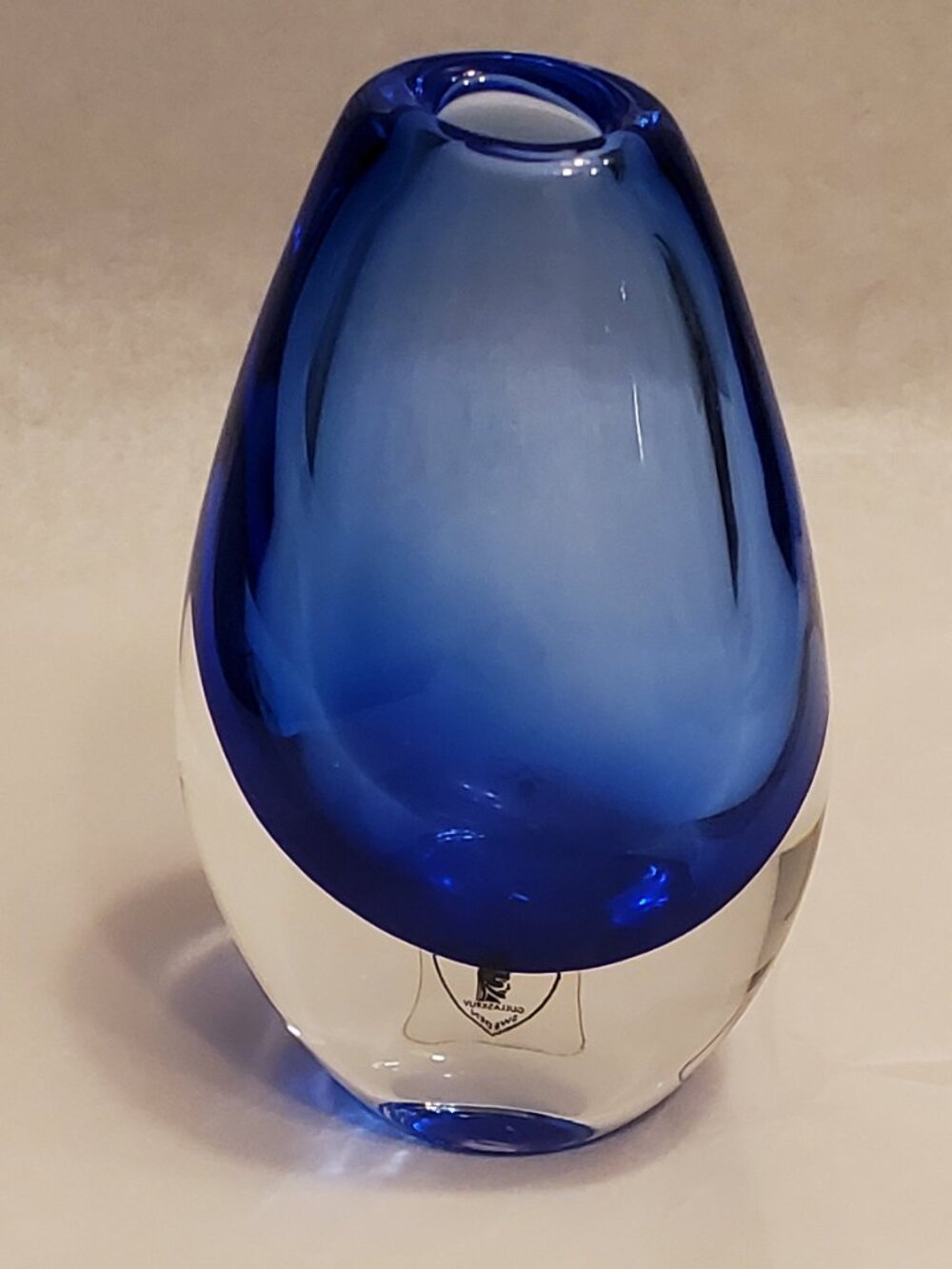 Handblown cobalt blue 3" bud vase Sweden etched signature of Carlos R. Pebaque